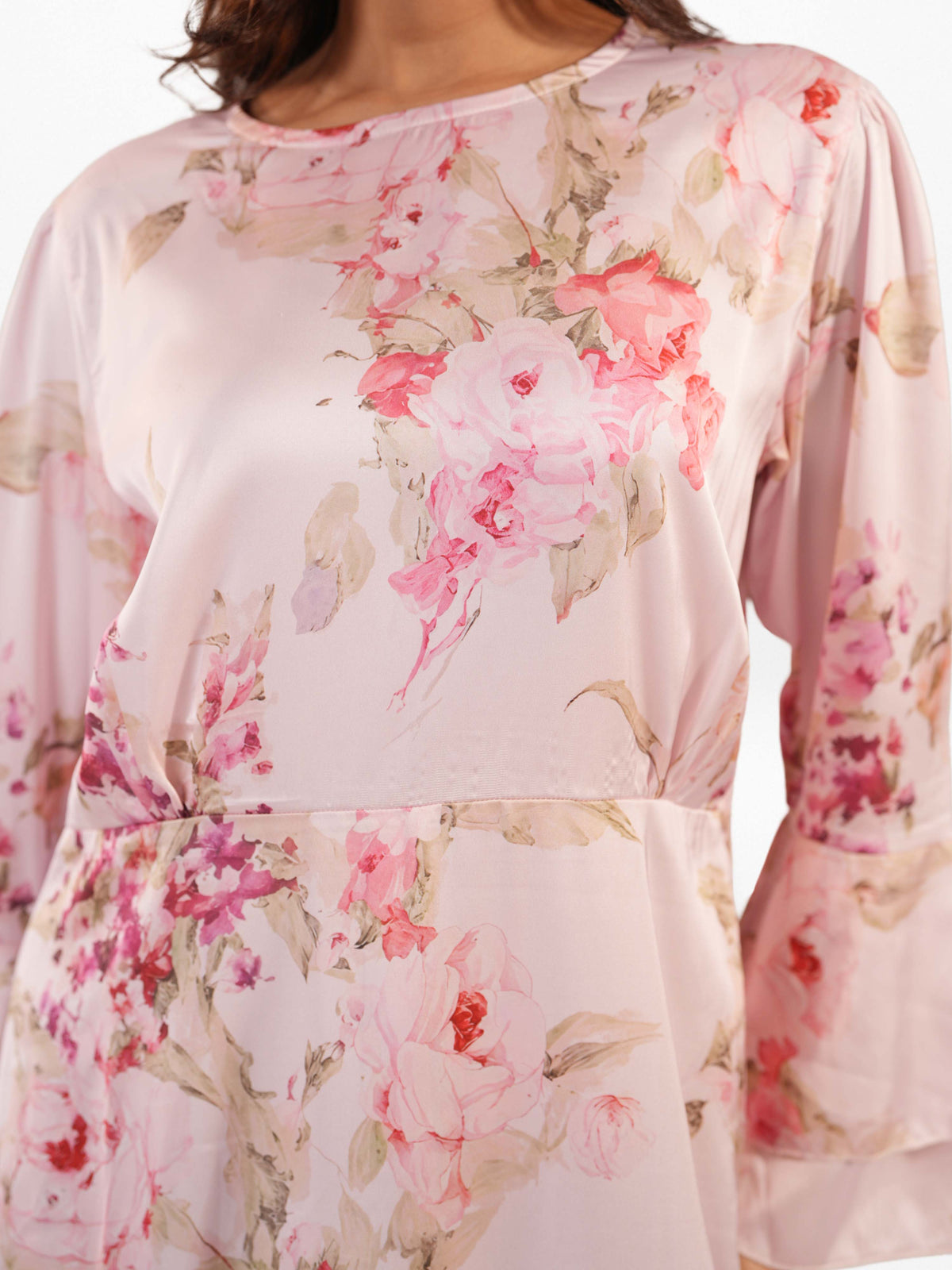 Women's Puff Sleeve Floral Satin Midi Dress
