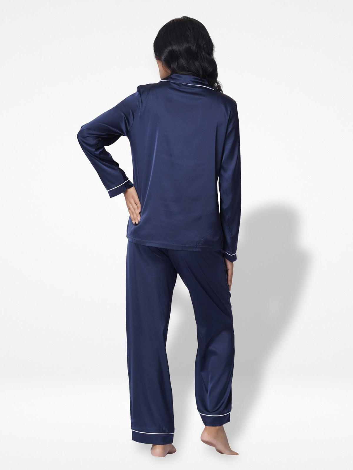 Satin Pajama Set for Women - Contrast Piping, Notch Collar, Button Down, Long Sleeve Long Pant