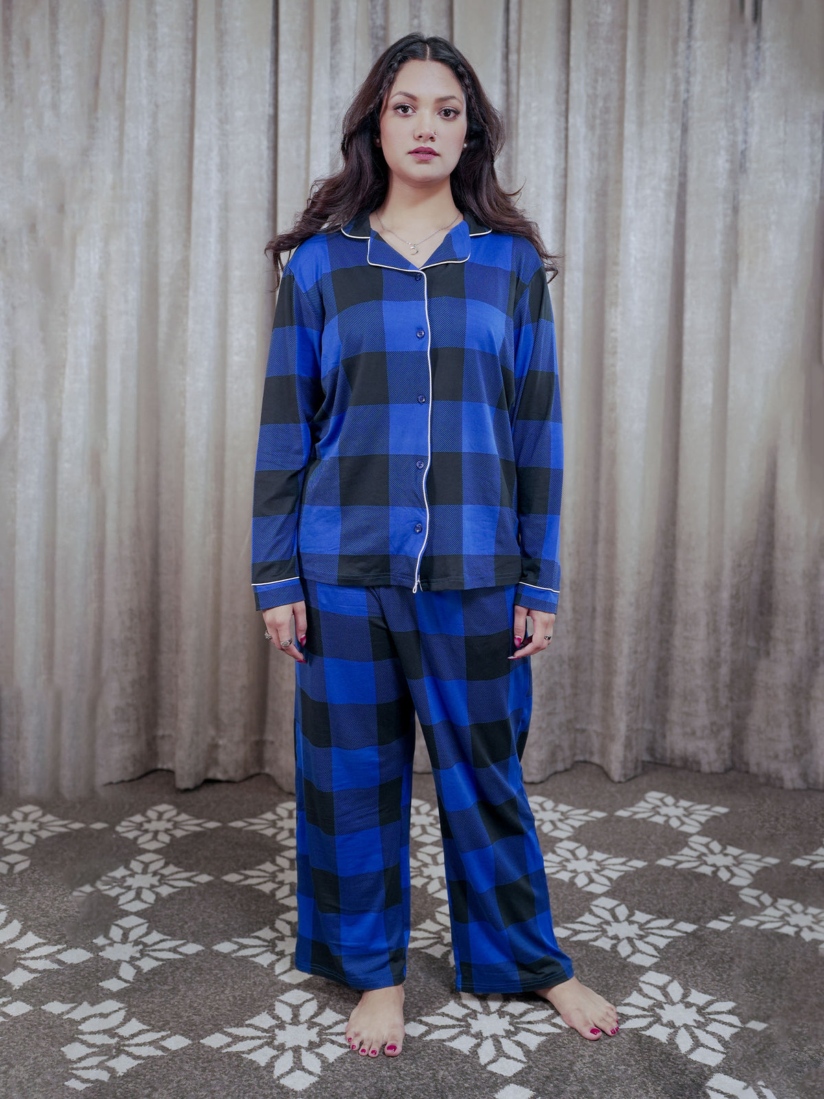 Women Sleepwear Long Sleeve Pyjama Set Blue Check