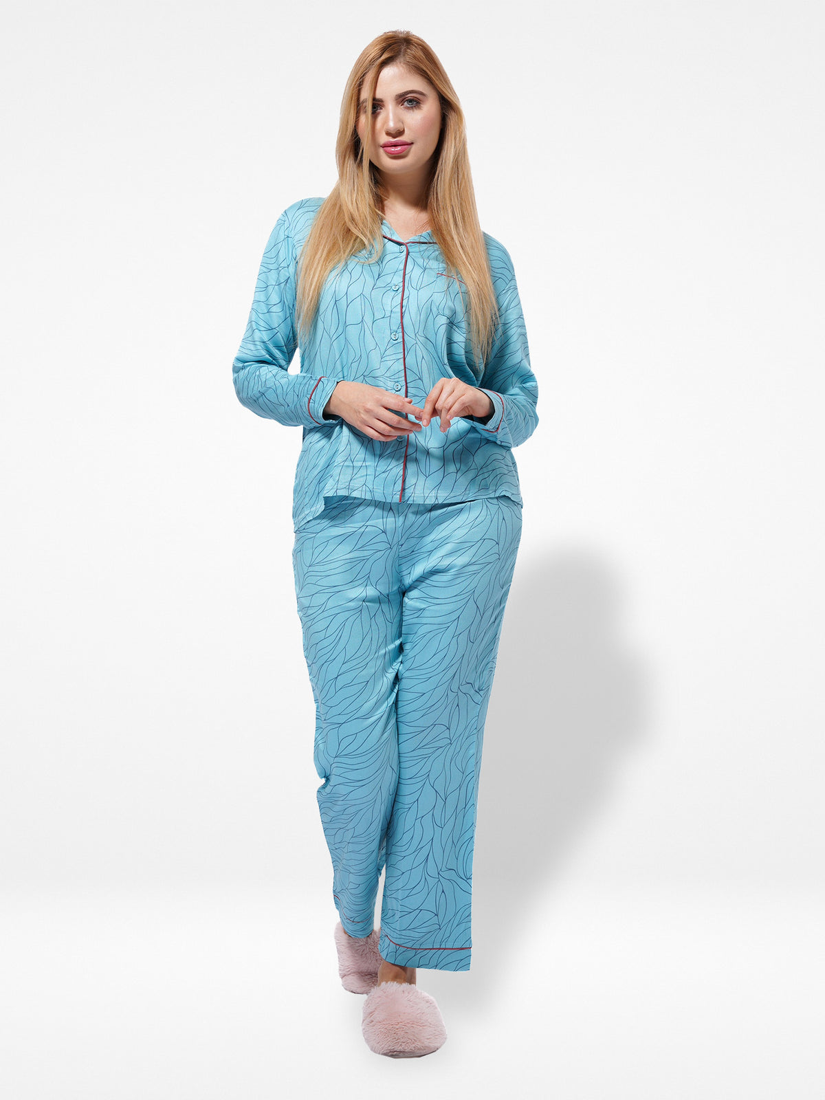 Women Blue Floral Printed Night Suit Set | Shirt and pajama, Nightwear Dress