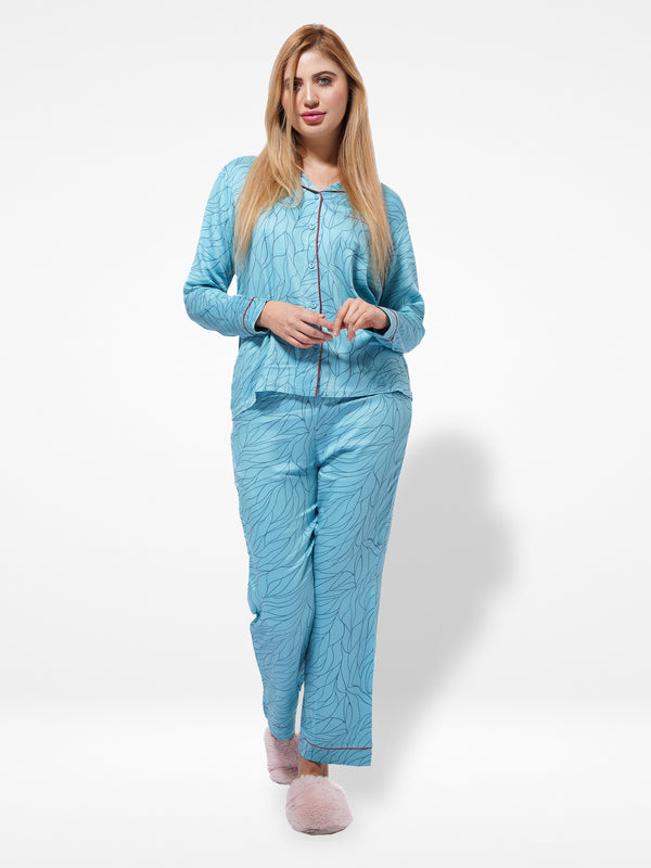 Women Blue Floral Printed Night Suit Set | Shirt and pajama, Nightwear Dress