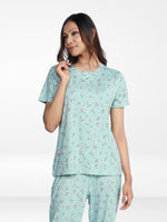 Women’s All Over Printed Short Sleeve Lounge Top | Soft Stretch Yummy Rib Fabric | Crew Neck Casual Sleepwear & Loungewear Top - Ether