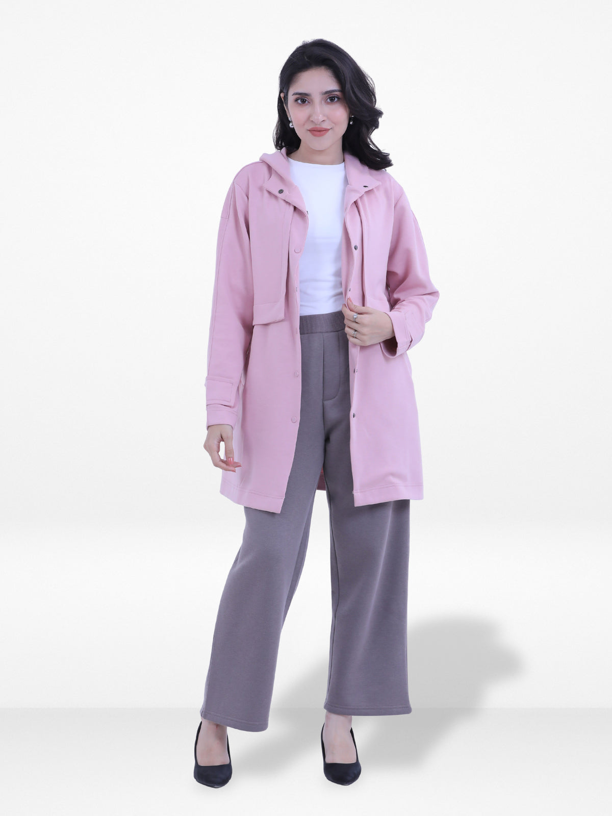 Women’s Soft Pastel Longline Hooded Jacket –Casual Outerwear with Snap Button Closure & Side Pockets