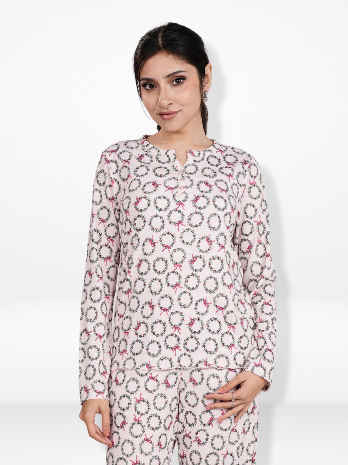 Women’s Henley Sleepwear Set – Long Sleeve Printed Pajama Top & Shorts | Soft Lightweight 2-Piece Nightwear