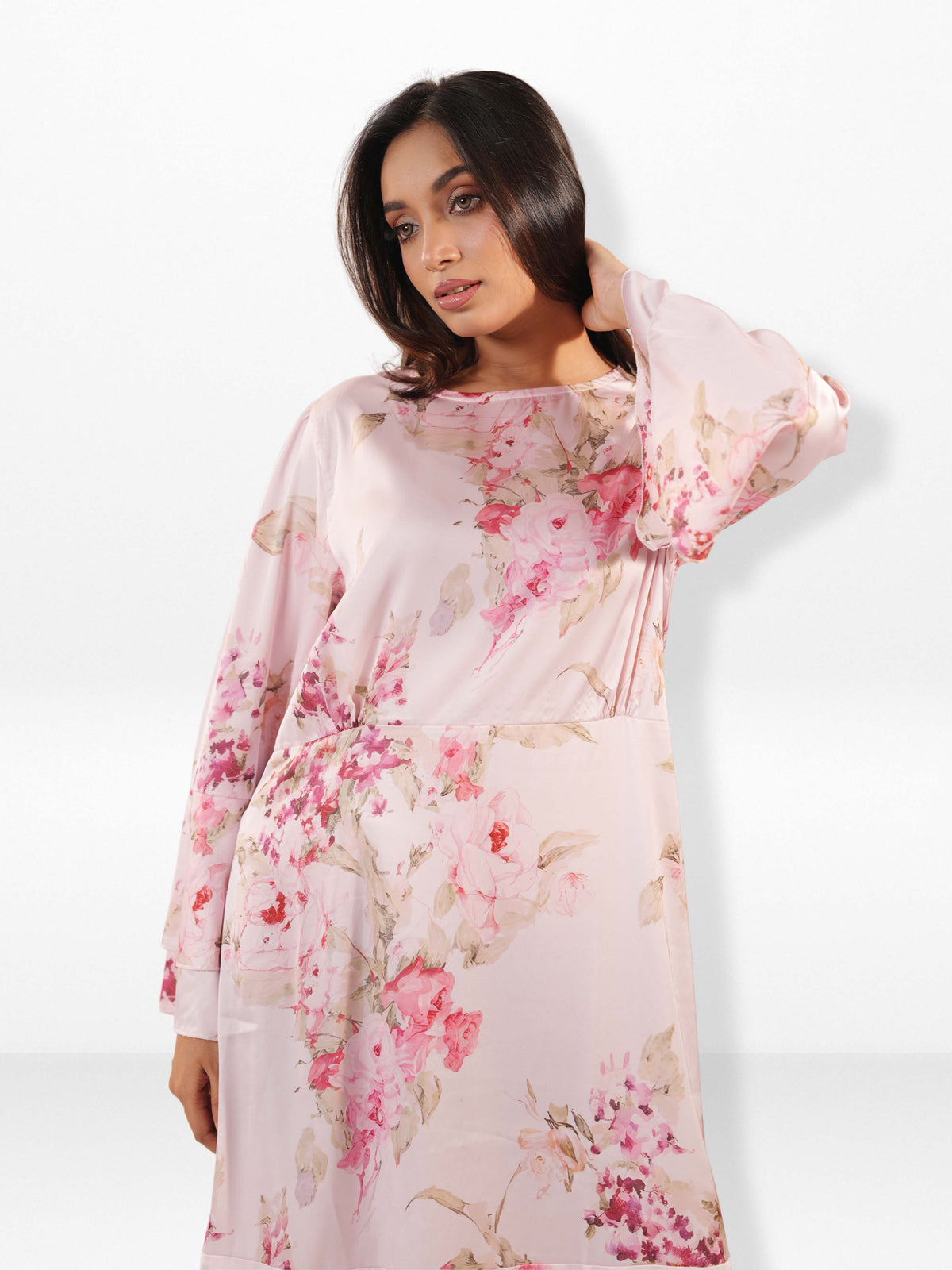 Women's Puff Sleeve Floral Satin Midi Dress