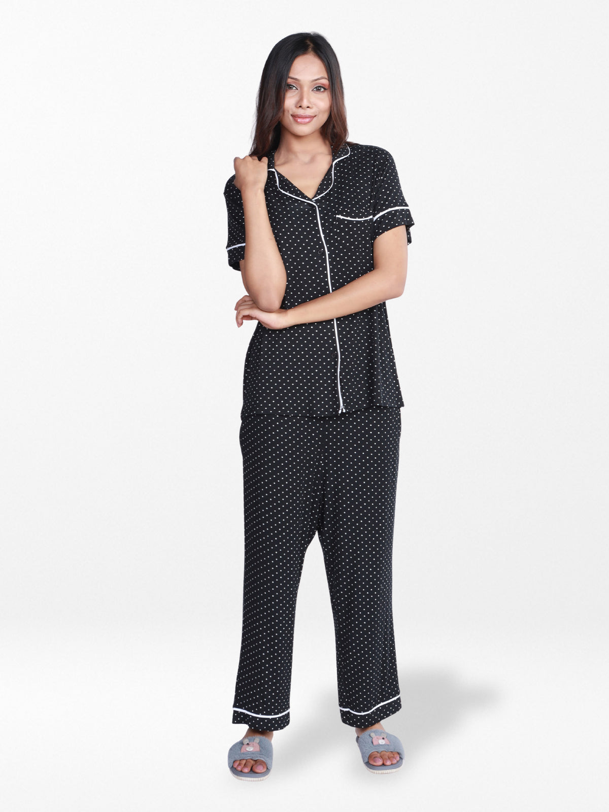 Women Printed Night Suit Set of Shirt & Pyjama, Night wear Dress
