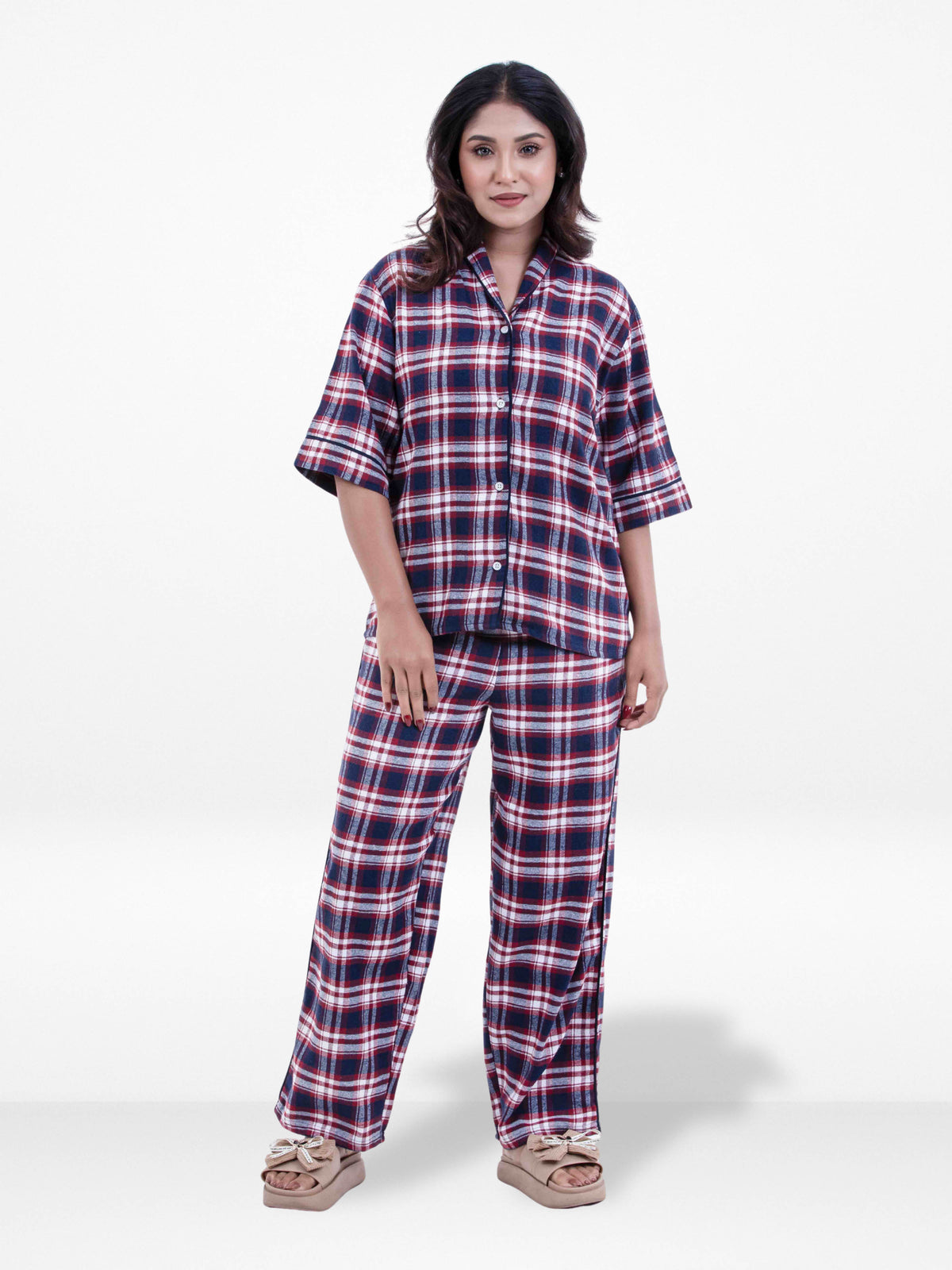 WomenClassic Button-Down Pajama Set Soft FlannelFabric Sleepwear | Three-Quarter Sleeves, Notch Collar Top & Full-Length Pants | Cozy Loungewear for Night & Home Pyjama Set Brown Check