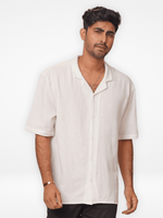 Men's Half-Sleeve Relaxed-Fit Casual Cuban Collar Shirt White- INTEBLU