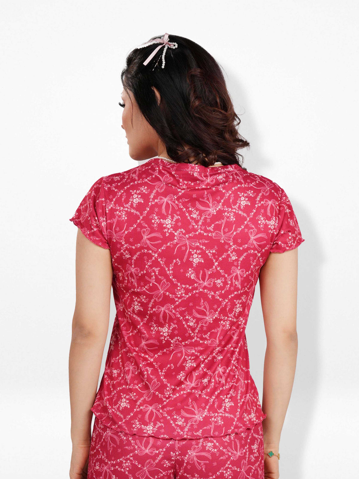 Women’s Short Sleeve Button-Down Top | Printed Sleepwear Shirt | Soft & Stretchy Yummy Rib Fabric | Lounge Top - Crimson