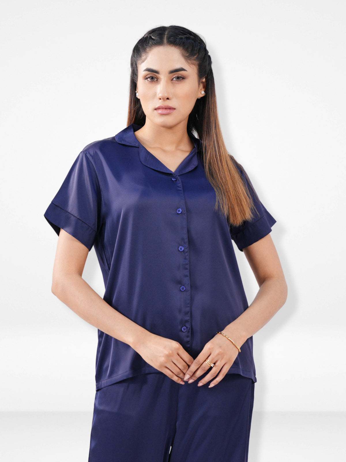 Satin Pajama Set for Women - Button Down, Short Sleeve Long Pant