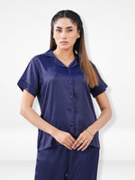 Satin Pajama Set for Women - Button Down, Short Sleeve Long Pant