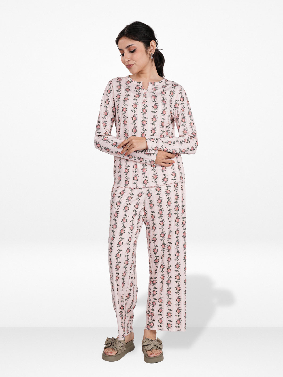 Women’s Henley Sleepwear Set – Long Sleeve Printed Pajama Top & Shorts | Soft Lightweight 2-Piece Nightwear