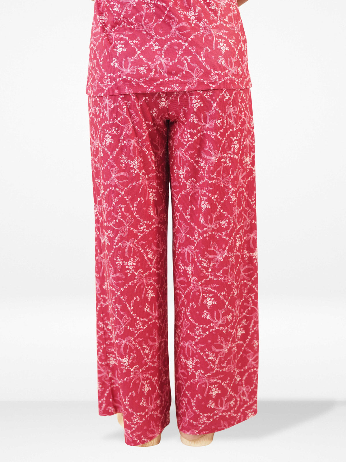 Womens All Over Printed Crop Top and Long Bottom Set Crew Neck Half Sleeve Tee & Matching Bottom | Trendy Casual Two-Piece Wear - Crimson