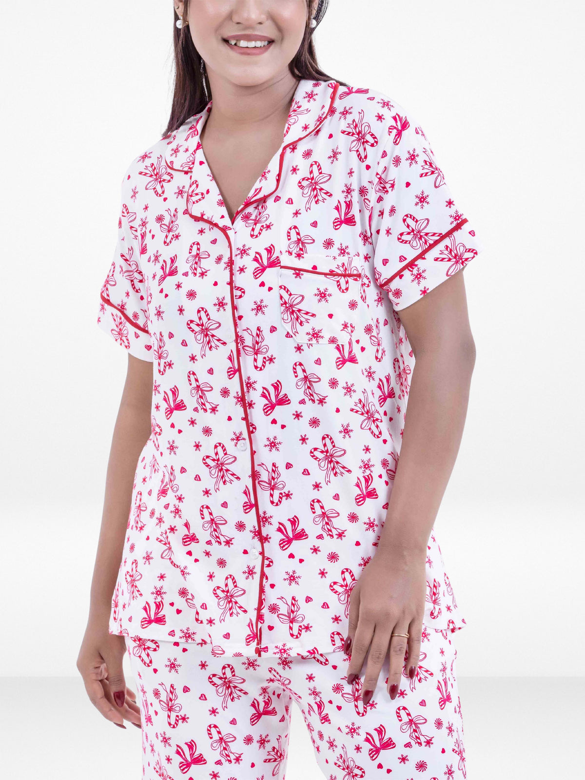 Women Christmas Candy Cane Printed Pyjama Set , Night wear Dress Women's Printed Night Suit Set Shirt & Pyjama | Soft Nightwear Dress, 2 Piece Sleepwear for Women, 