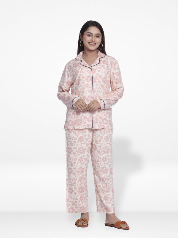 Women Warm Grey Floral  Sleepwear Long Sleeve Pyjama Set