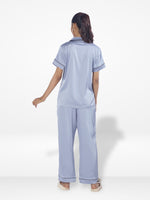 Satin Pajama Set for Women - Contrast Piping, Notch Collar, Button Down, Short Sleeve Long Pant