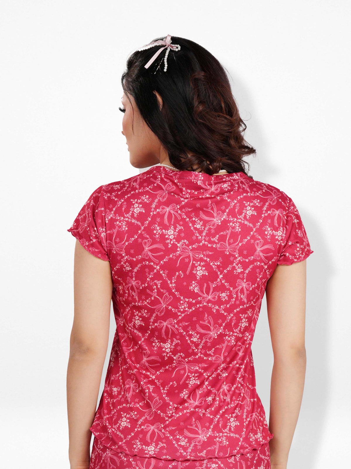 Women’s Short Sleeve Button-Down Top | Printed Sleepwear Shirt | Soft & Stretchy Yummy Rib Fabric | Lounge Top - Crimson