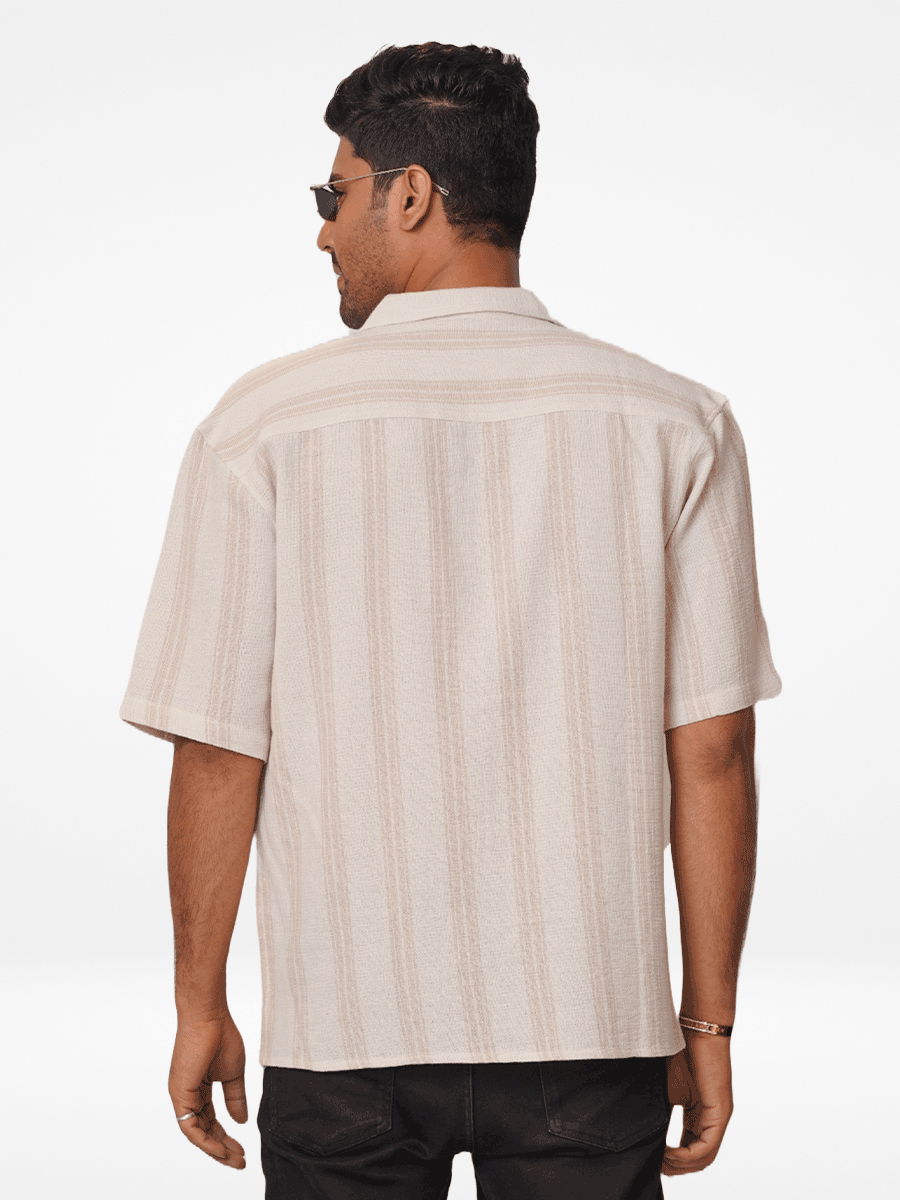 Men's Half-Sleeve Relaxed-Fit Casual Cuban Collar Shirt Beige Stripes