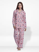WomenMicro Polar Fleece Pink Cat print Sleepwear Long Sleeve Pyjama Set