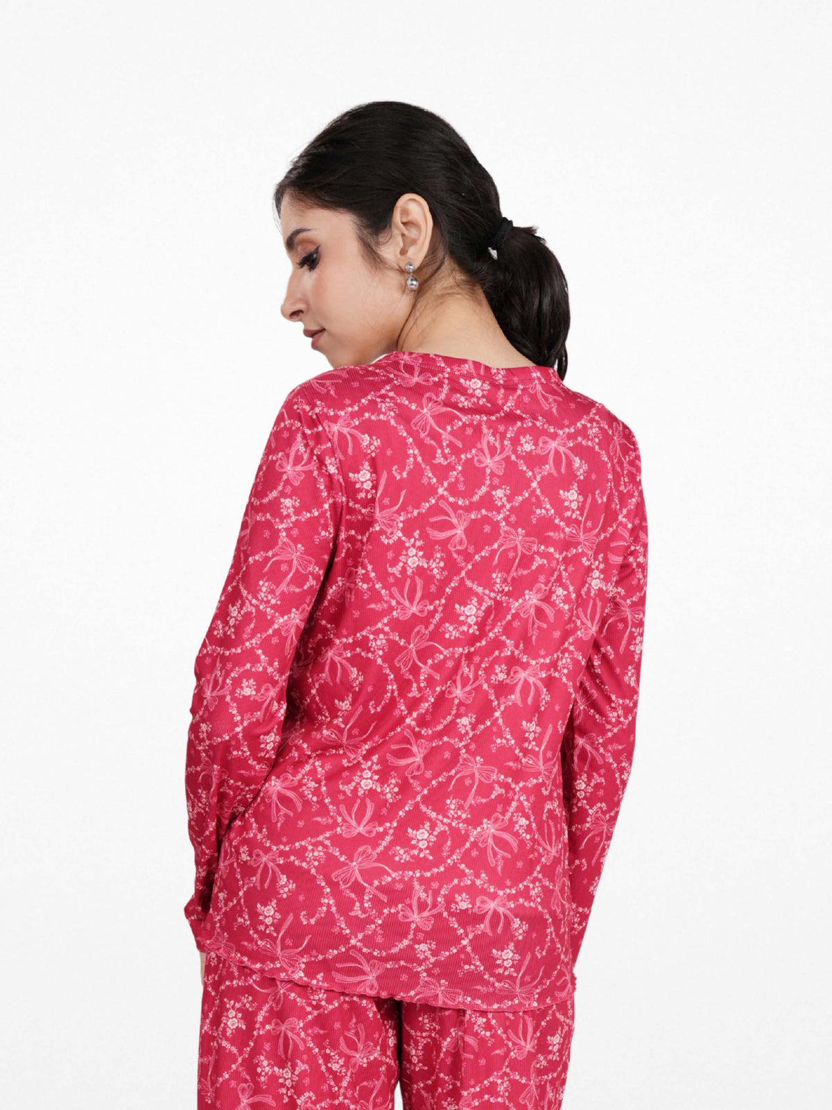 Women's Henley Long Sleeve Printed Top – Soft & Stretchy Rib Knit Casual T-Shirt