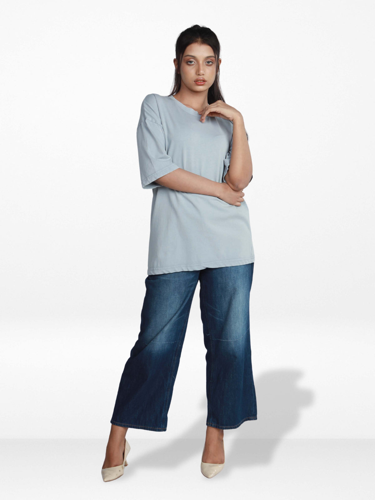 Women’s Drop Shoulder T-Shirt – Classic Solid Short Sleeve Tee, Cotton Blend Comfortable Casual Wear- Light Blue