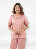 Satin Pajama Set for Women - Button Down, Short Sleeve Long Pant
