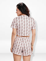 Women’s All Over Printed Crop Top Set – Crew Neck Half Sleeve Tee & Matching Bottom | Trendy Casual Two-Piece Wear