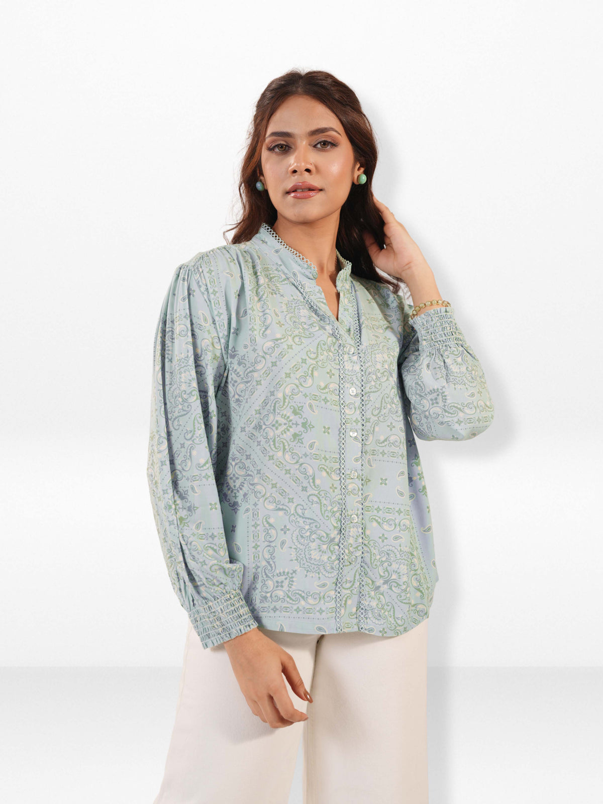 Women’s Floral Printed Lace-trimmed PlacketTops – Lightweight for Office & Everyday Style