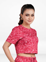 Womens All Over Printed Crop Top Crew Neck Half Sleeve Tee for Trendy Casual Wear - Crimson