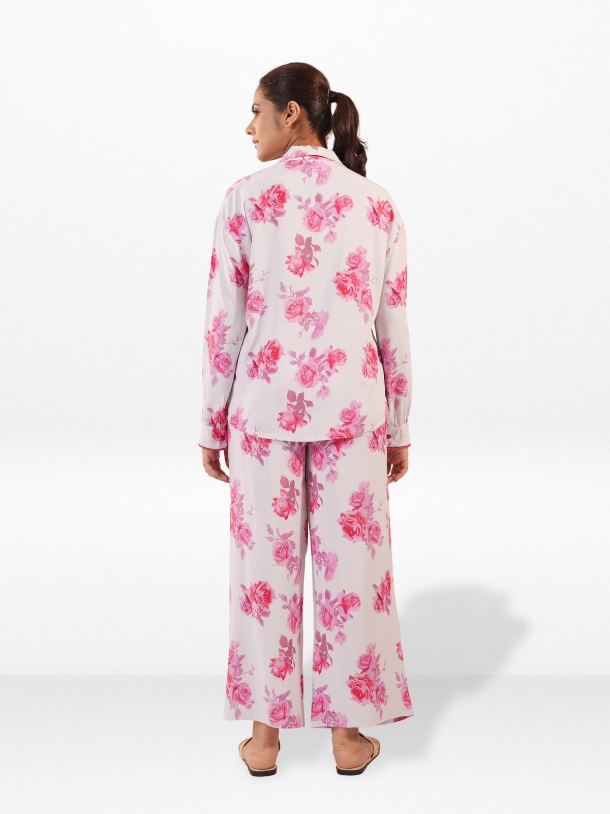Women's Co-Ord Set Pink and Rose floral Printed -Trendy 2 Piece Matching Top & Bottom Outfit