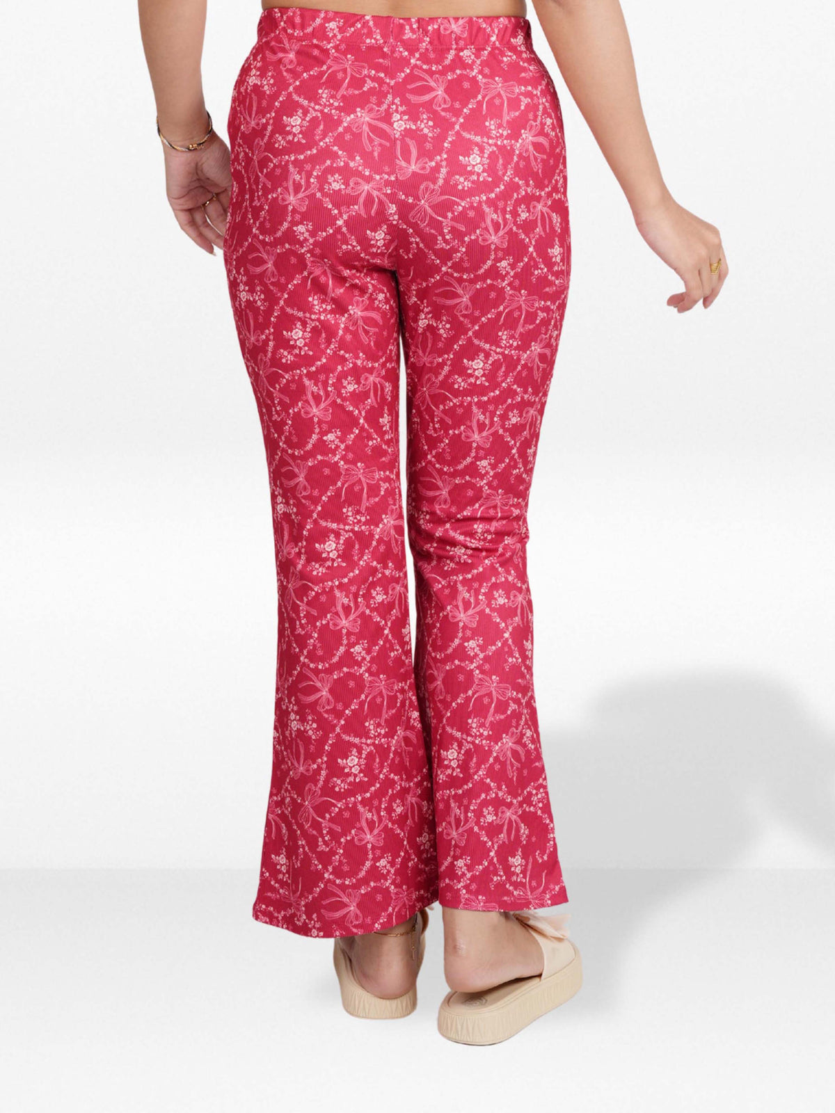 Women’s Printed Palazzo Pants | Wide Leg Lounge Trousers for Women | Soft Stretch Yummy Rib Fabric | Casual & Party Wear Bottoms - Crimson