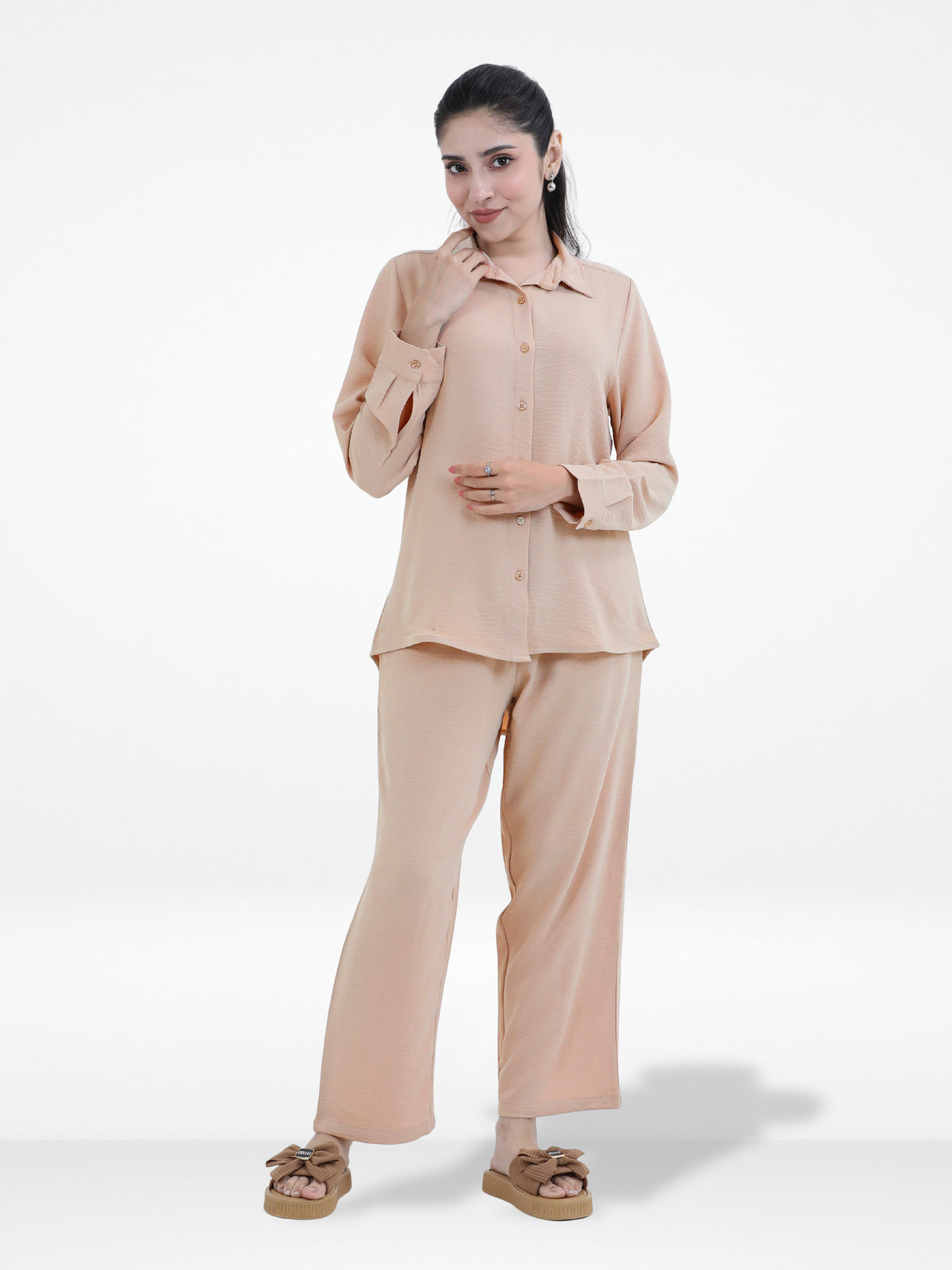 Women Solid Color Co-Ord Set| Long Sleeve| Beige