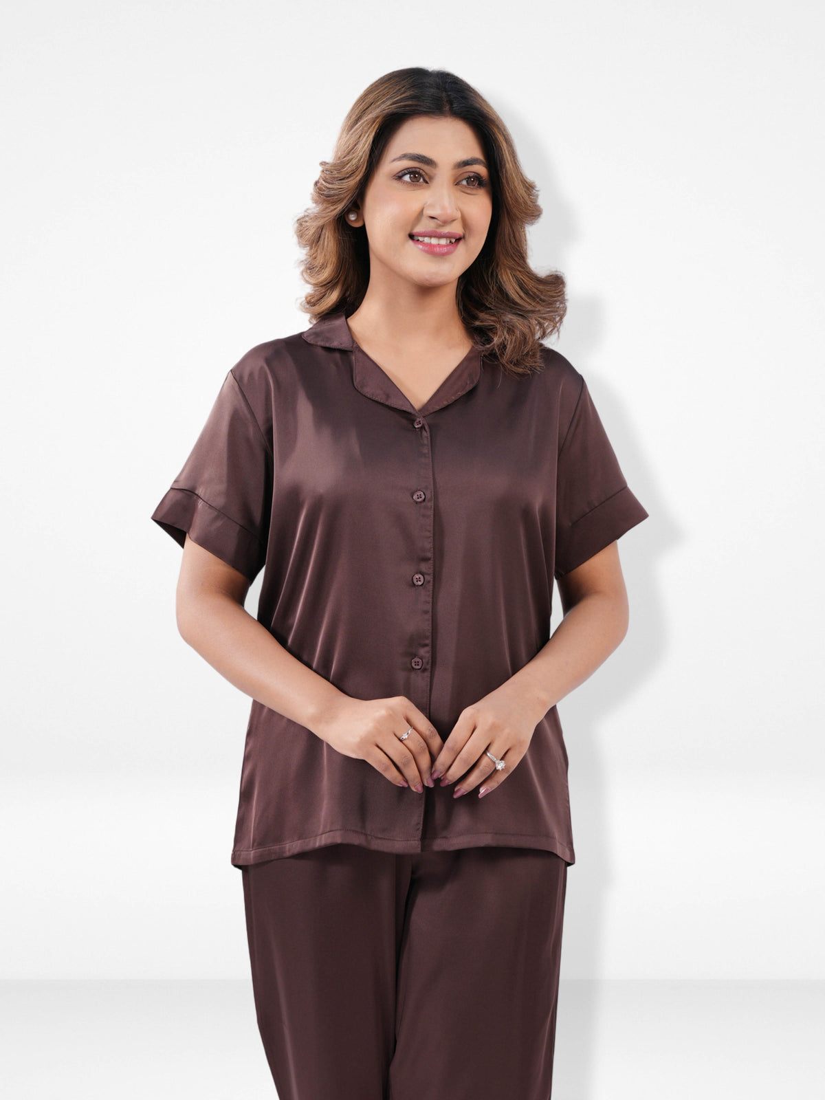 Satin Pajama Set for Women - Button Down, Short Sleeve Long Pant
