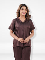 Satin Pajama Set for Women - Button Down, Short Sleeve Long Pant