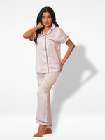 Satin Pajama Set for Women - Contrast Piping, Notch Collar, Button Down, Short Sleeve, Long Pant -Inteblu™