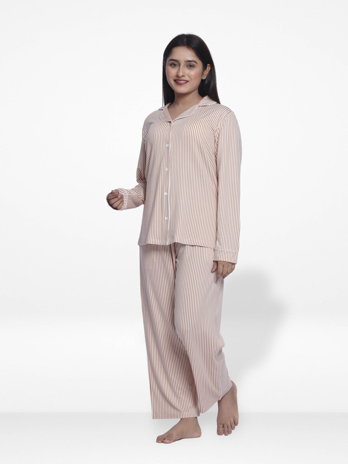 Women Coral Pink Check Sleepwear Long Sleeve Pyjama Set