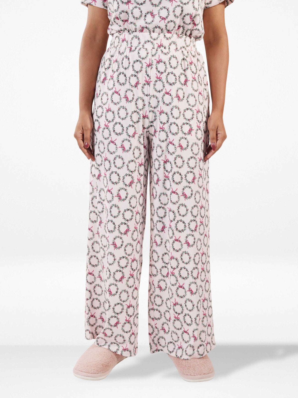 Womens All Over Printed Crop Top and Long Bottom Set Crew Neck Half Sleeve Tee & Matching Bottom | Trendy Casual Two-Piece Wear - Blushing Bride