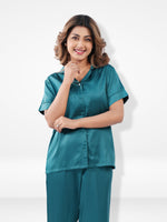 Satin Pajama Set for Women - Button Down, Short Sleeve Long Pant