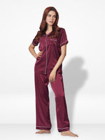 3pcs Women Satin Pajama Set. Contrast Piping, Notch Collar & Button Down.