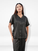 Satin Pajama Set for Women - Button Down, Short Sleeve Long Pant