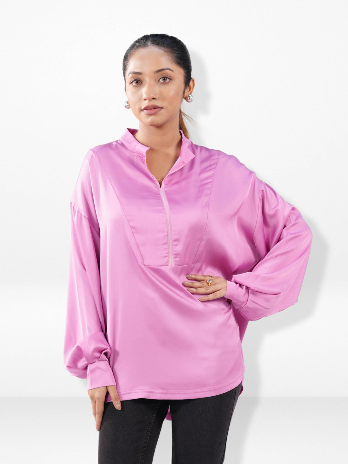 Women’s Satin Band Collar Top – Soft Shiny Blouse | Elegant Party & Everyday Wear