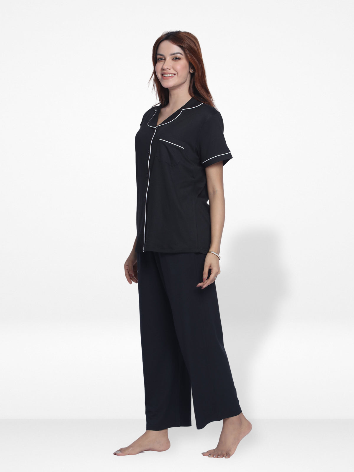 Women Solid Sleepwear Short Sleeve Pyjama Set