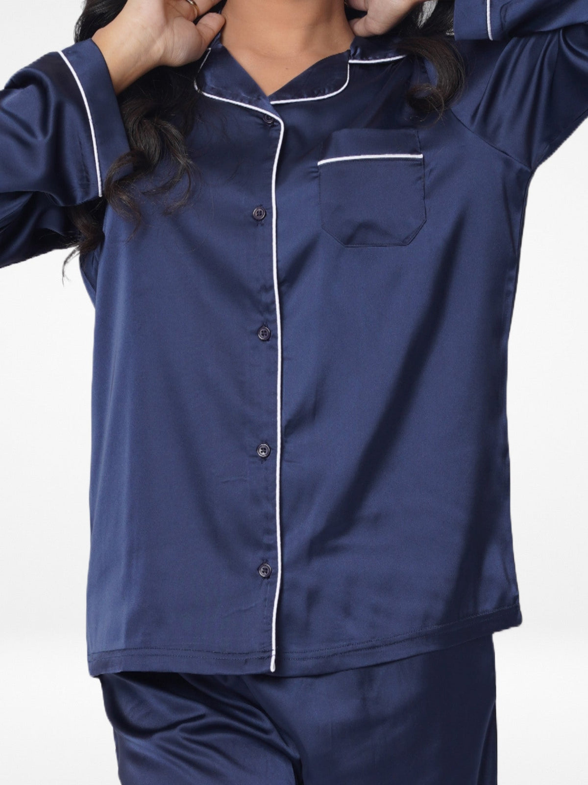 Satin Pajama Set for Women - Contrast Piping, Notch Collar, Button Down, Long Sleeve Long Pant