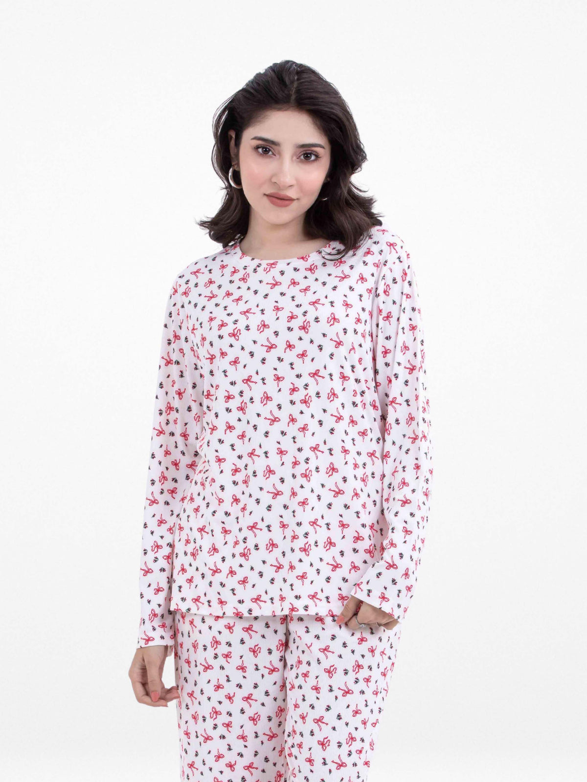 Women’s Long-Sleeve Crew Neck Pajama Top | All-Over Print Sleepwear Shirt | Soft & Stretchy Yummy Rib Fabric | Lounge Top - Egret