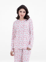 Women’s Long-Sleeve Crew Neck Pajama Top | All-Over Print Sleepwear Shirt | Soft & Stretchy Yummy Rib Fabric | Lounge Top - Egret