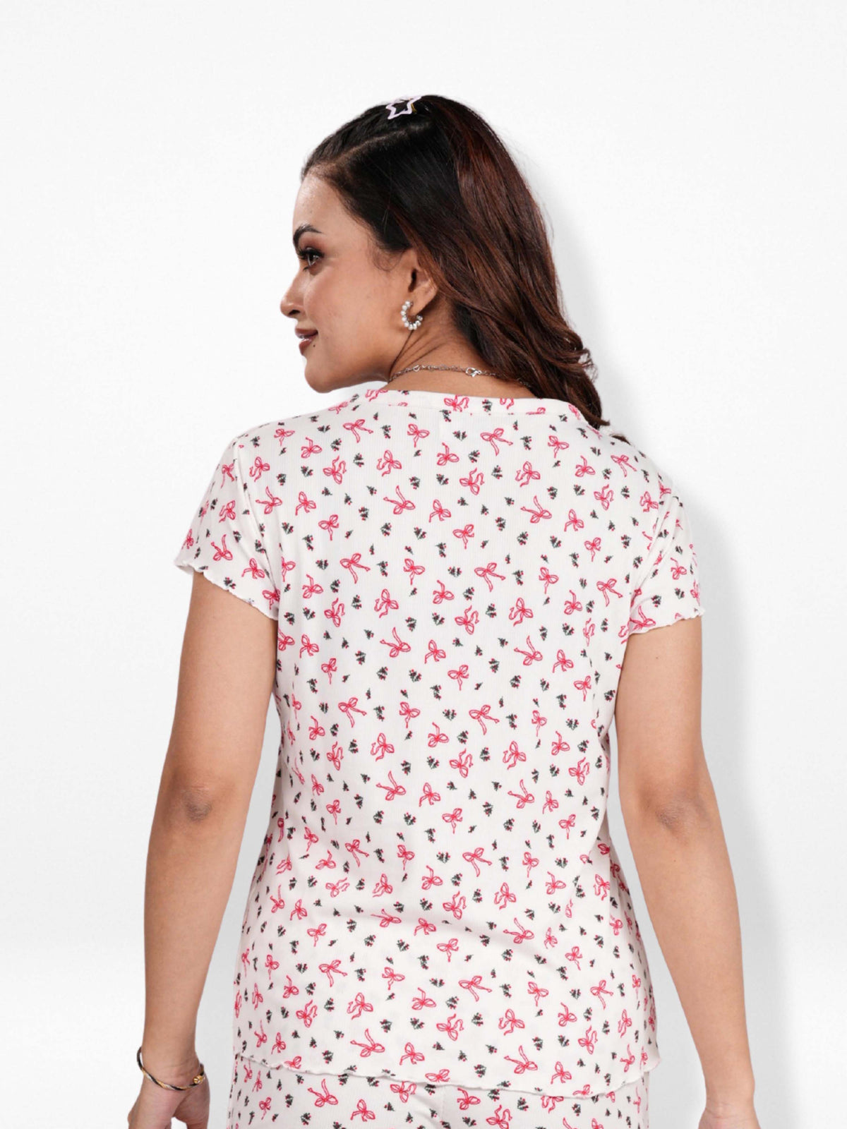 Women’s Short Sleeve Button-Down Top | Printed Sleepwear Shirt | Soft & Stretchy Yummy Rib Fabric | Lounge Top - Egret