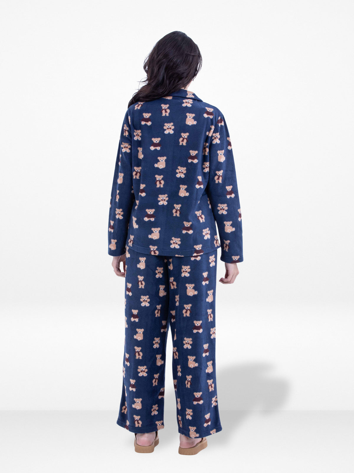 Women’s Teddy Bear Printed Pyjama Set – Micro Polar Fleece Long Sleeve Sleepwear Notch-Collar, Soft & Cozy 2-Piece Winter Nightwear