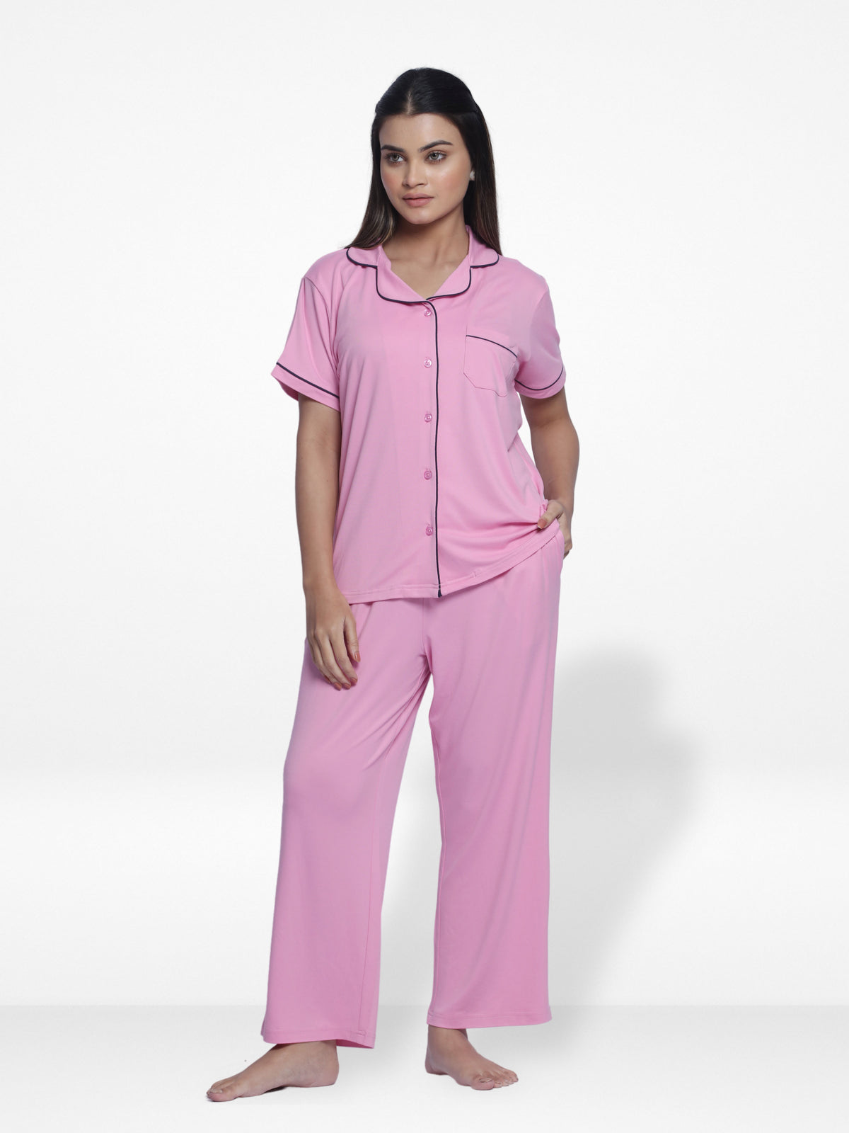 Women Solid Sleepwear Short Sleeve Pyjama Set