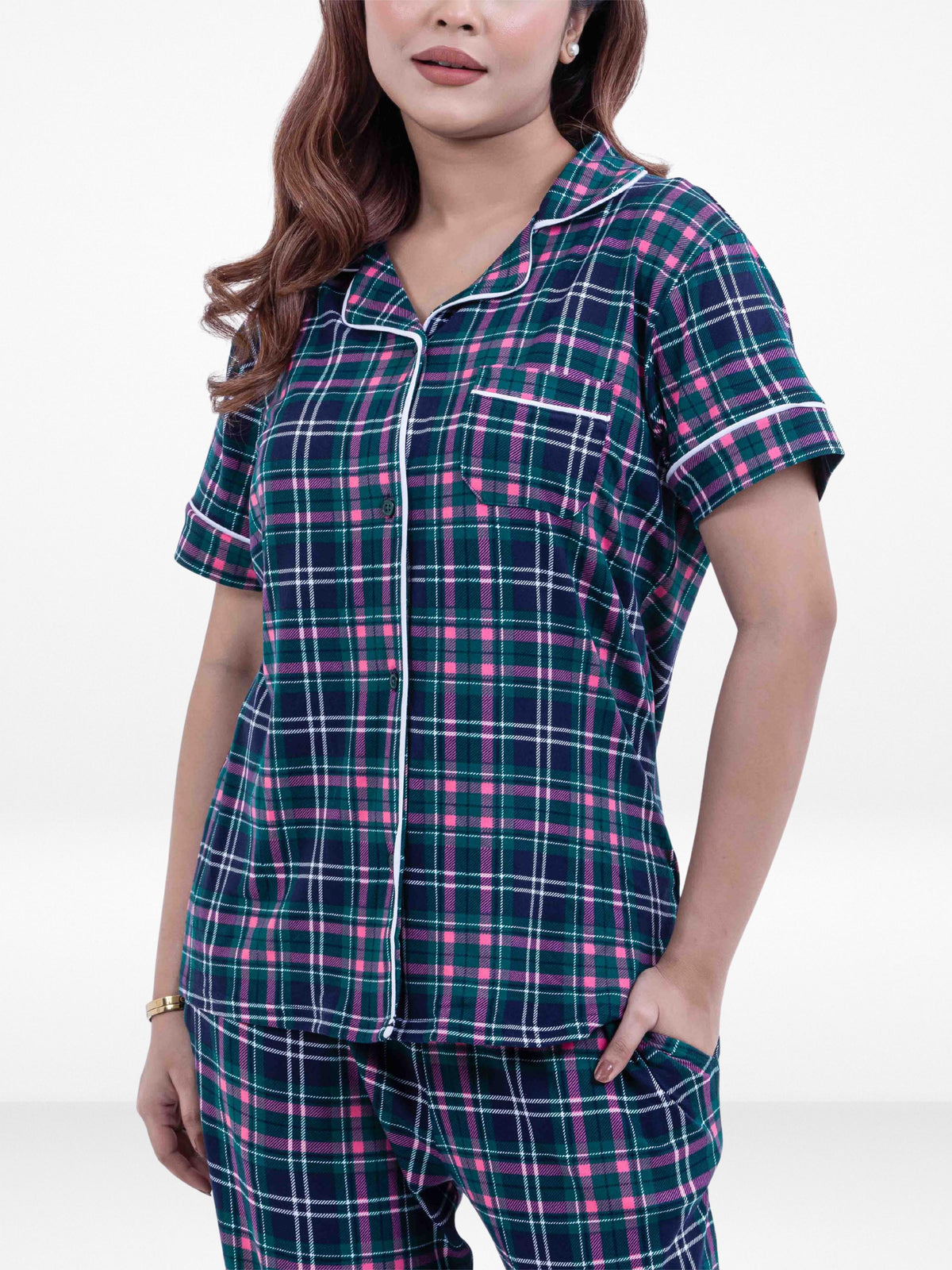 Women Green Plaid Printed Suit Shirt & Pyjama Set , Night wear Dress Women's Check Printed Night Suit Set Shirt & Pyjama | Soft Nightwear Dress, 2 Piece Sleepwear for Women, 