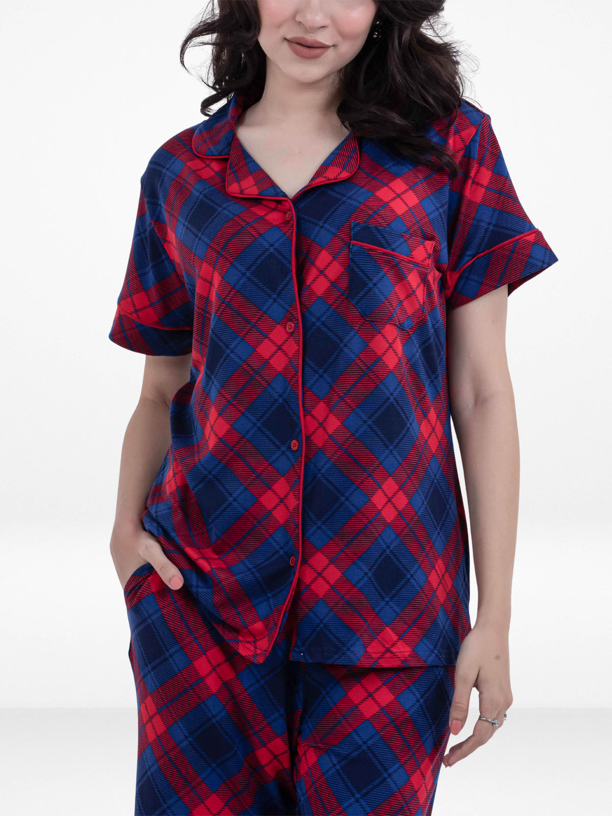 Women Red Checked Printed Suit Shirt & Pyjama Set , Night wear Dress Women's Printed Night Suit Set Shirt & Pyjama | Soft Nightwear Dress, 2 Piece Sleepwear for Women, 